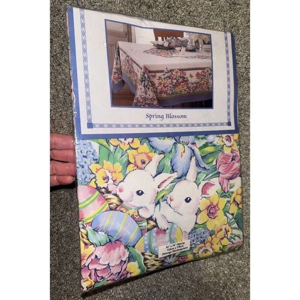 Vtg Easter Tablecloth 52x70” Eggs Basket Flower Garden Bunnies Tulips Bardwil